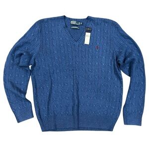 Polo by Ralph Lauren Blue Tussah Silk Cable Knit V-Neck Sweater Size XL NWT